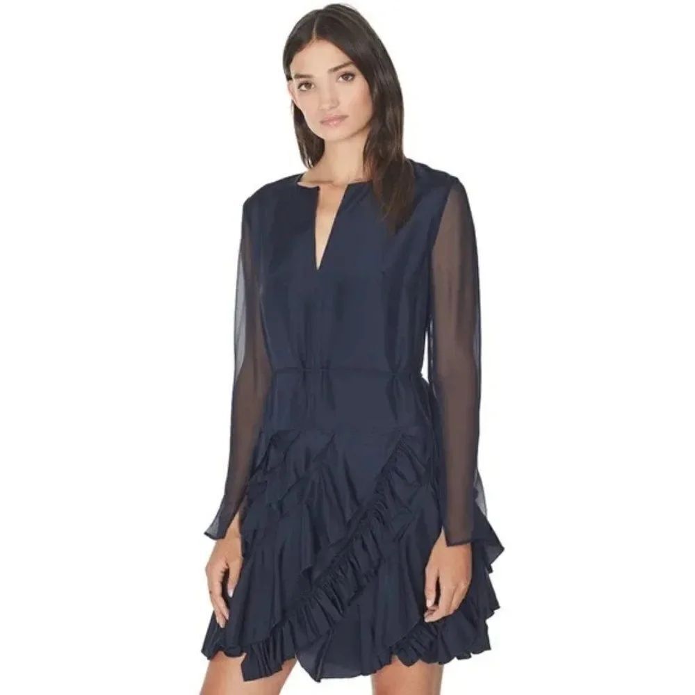 Grey JASON WU Silk Long Sleeve Ruffle Dress - size 4 in Midnight Blue